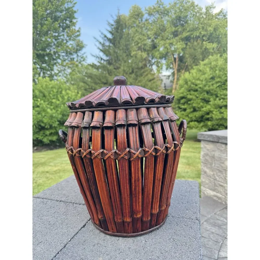 Large Asian Ikebana Bamboo Basket Lidded Woven Tortoise Floor Vase 17